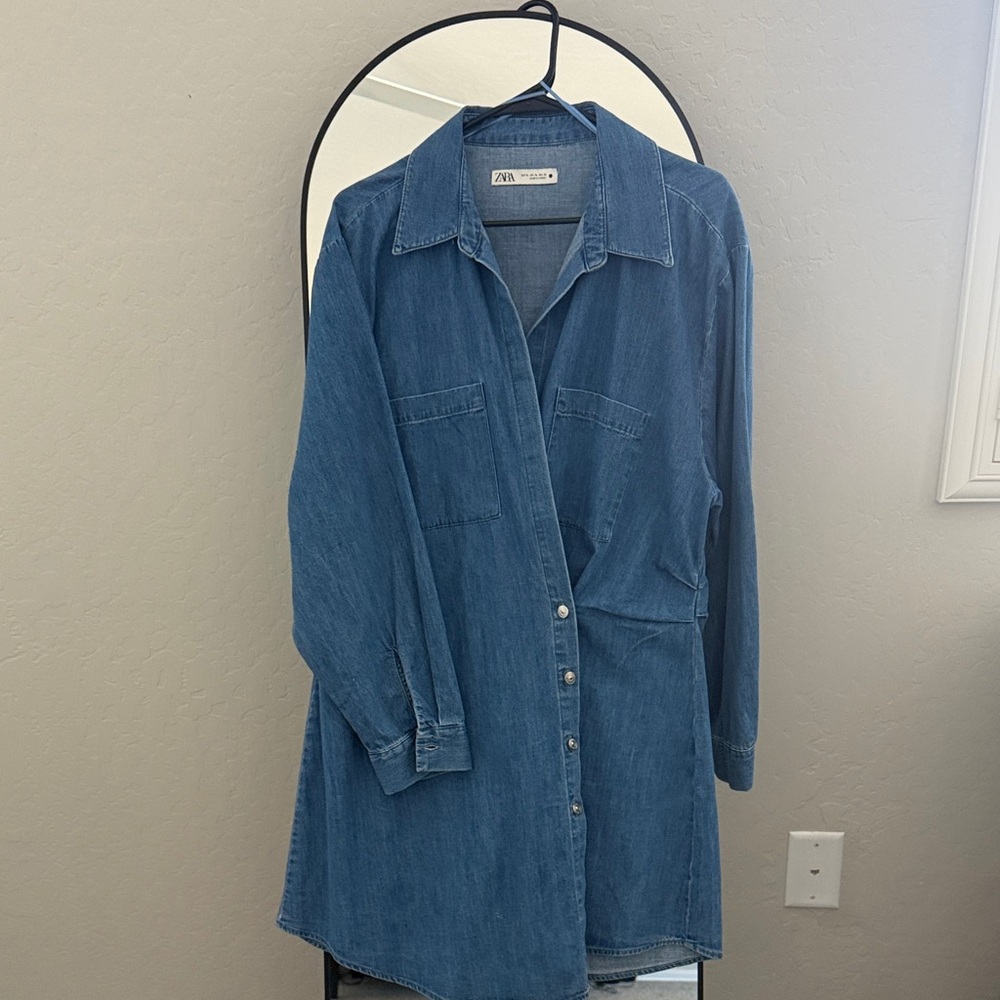 Zara Blue Denim Button-Front Shirt Dress
